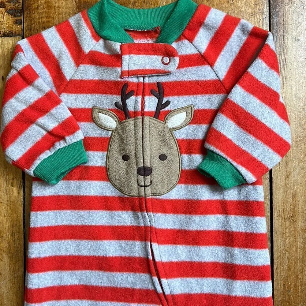 Carters Pajamas 3 months Christmas Holiday fleece sleeper reindeer Red Green